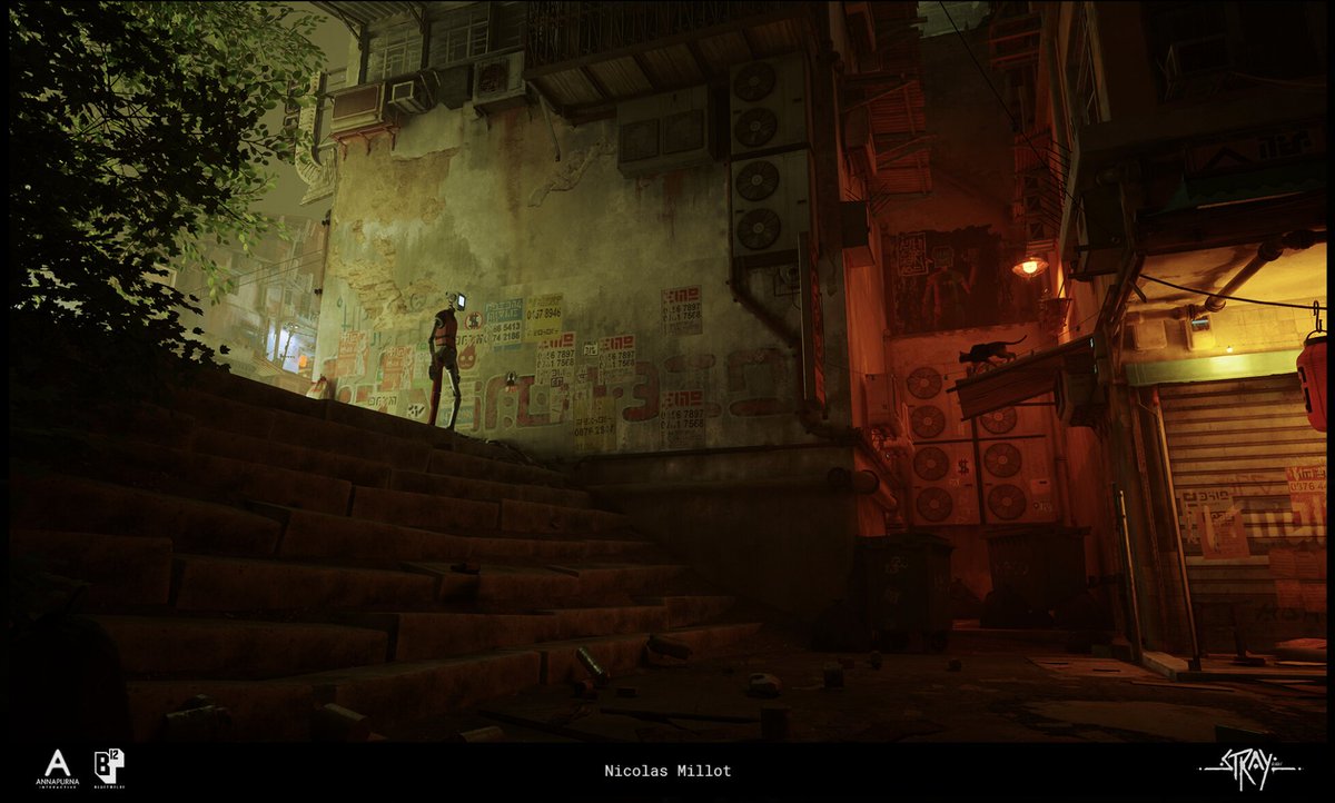 TheOikosGame's tweet photo. The city in #Stray feels like a living, breathing entity with its own unique culture &amp; history. Attention to detail breaths life into the environment. 

From the graffiti on the walls to the posters on the subway, the world is crafted with care &amp; attention!

#GameDesign #GameArt https://t.co/sguGuoa86k