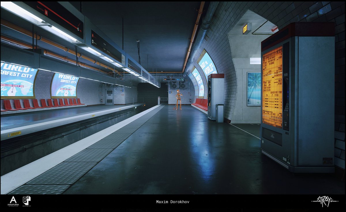 TheOikosGame's tweet photo. The city in #Stray feels like a living, breathing entity with its own unique culture &amp; history. Attention to detail breaths life into the environment. 

From the graffiti on the walls to the posters on the subway, the world is crafted with care &amp; attention!

#GameDesign #GameArt https://t.co/sguGuoa86k