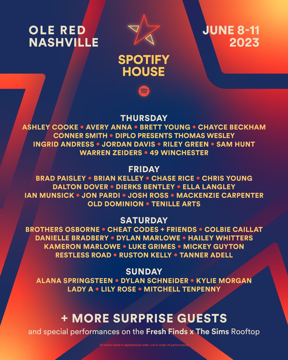 .@Spotify House is BACK at Ole Red Nashville for the 4th year this June 8-11! Who are you coming to see? 👀🤟

 FAQ➡️ opryent.co/3IwEleL