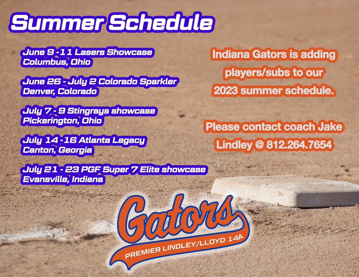 08Lindley's tweet photo. Summer schedule is out!!  We are looking for a couple players to join us on the road this summer.  @IndianaGators @MarkLlo84231890 @KiteSportz @IndianaNsr https://t.co/Ok8OHfz9JN