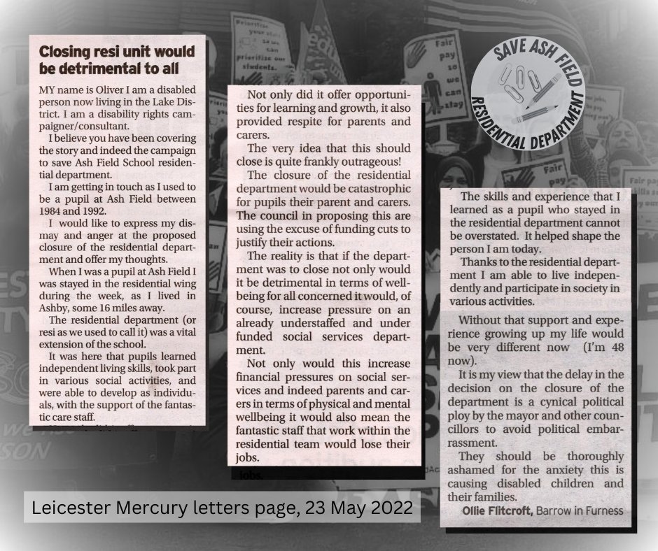 Brilliant letter by a former Ash Field Academy student in today's #Leicester Mercury

“The very idea that this should close is quite frankly outrageous! The closure of the residential department would be catastrophic for pupils their parent &amp; carers."

#SaveAshFieldResi #soulslby