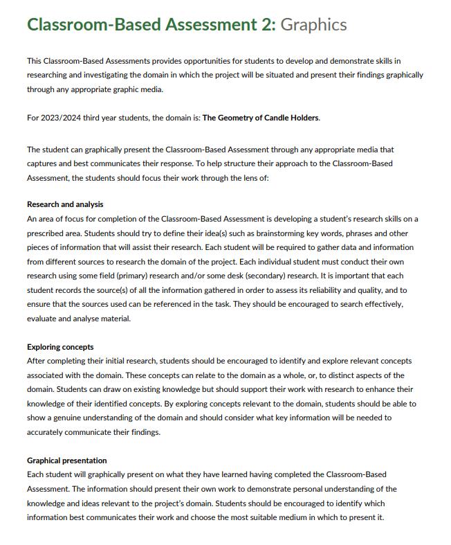 The NCCA has published the domain for #Graphics CBA 2 2023/2024 For 2023/2024 third-year students, the domain is 𝐓𝐡𝐞 𝐆𝐞𝐨𝐦𝐞𝐭𝐫𝐲 𝐨𝐟 𝐂𝐚𝐧𝐝𝐥𝐞 𝐇𝐨𝐥𝐝𝐞𝐫𝐬 It can be accessed in full at curriculumonline.ie/getmedia/58662…