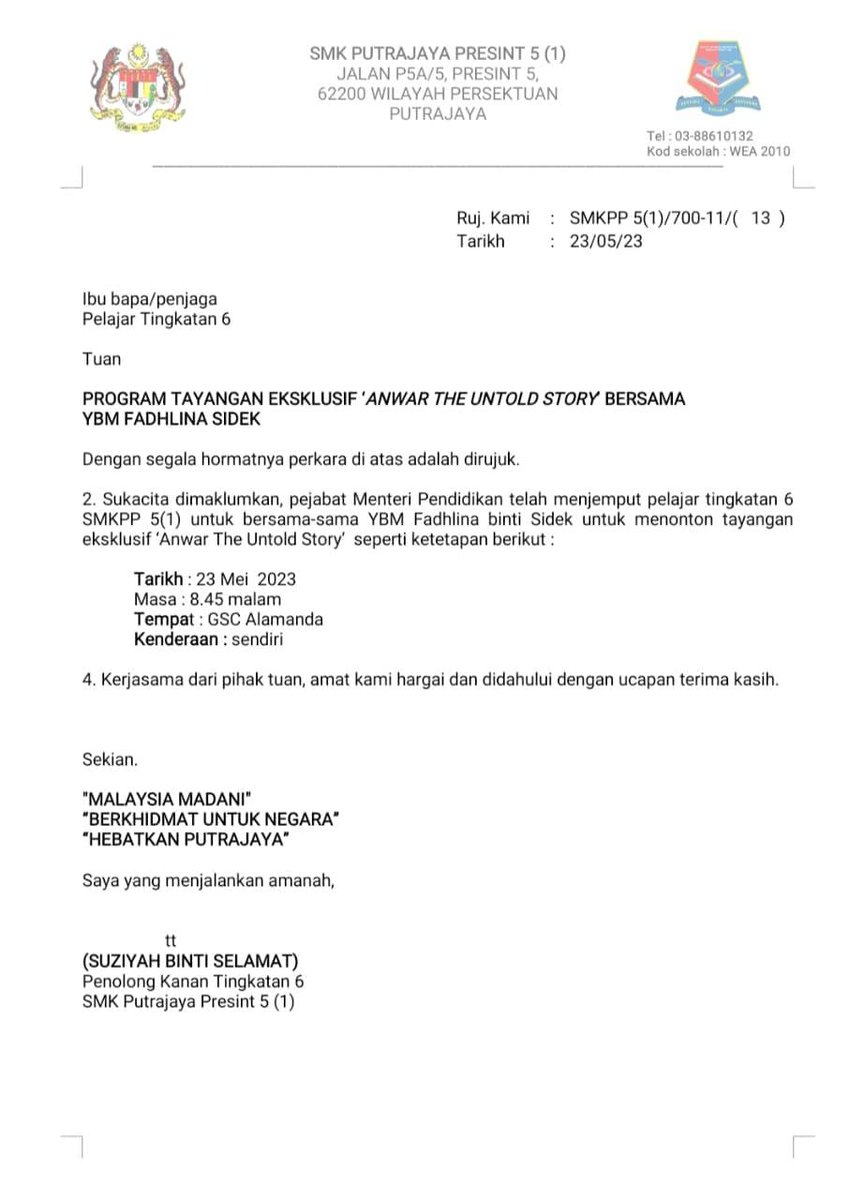 tamarjaya0's tweet photo. Seriously, takleh bayang kalau surat ni betul.

Menteri Pendidikan pula paksa budak sekolah tengok filem pasal pemimpin parti?

Dah macam Korea Utara dia punya usaha untuk propaganda tu.

Minta menteri nafikan kalau surat ni fake. https://t.co/4xYRh89HYn