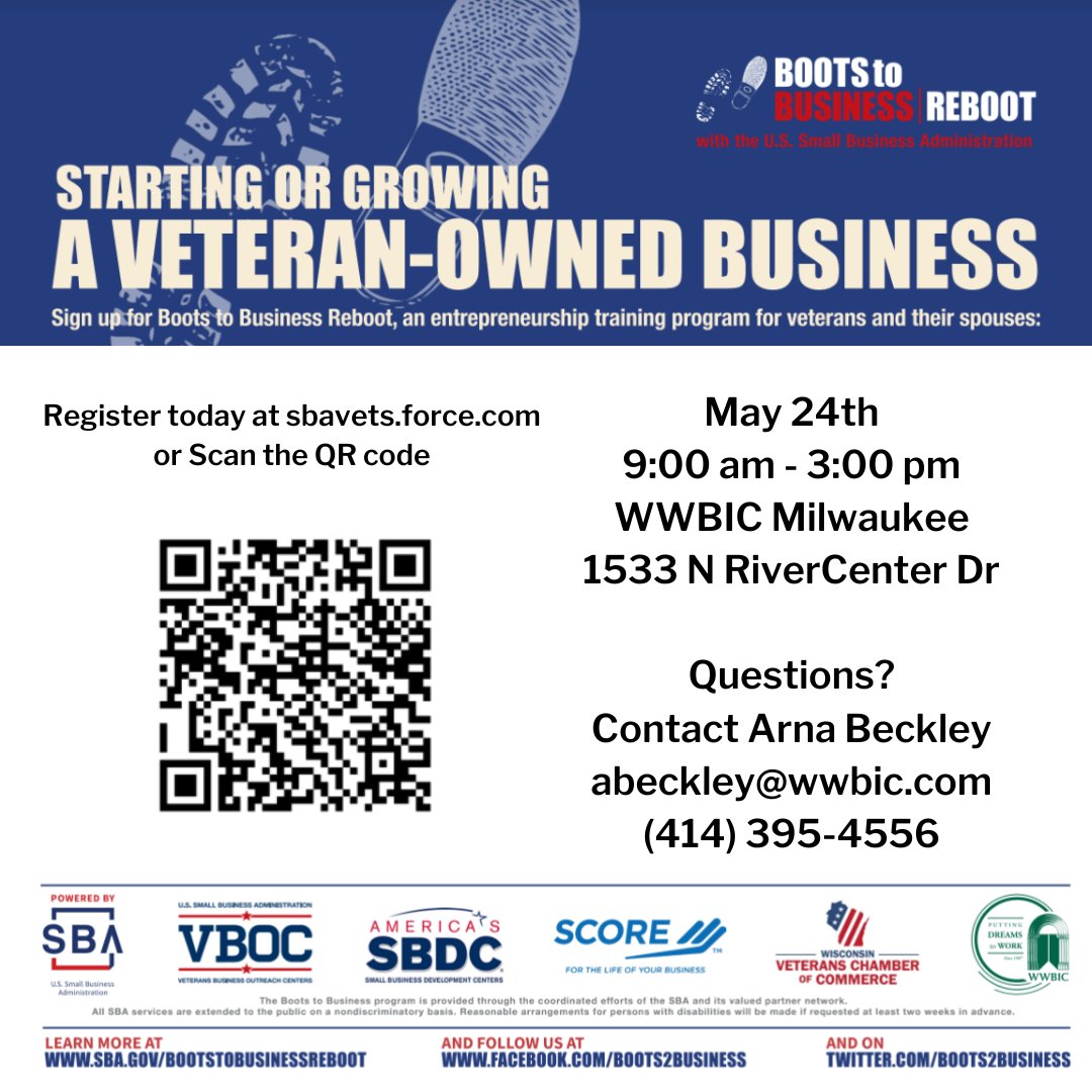 WIVetsChamber's tweet photo. **Last Day for Registration**
Boots to Business Reboot is an entrepreneurial education and training program offered by the @Boots2Business 
 
Get registered today at https://t.co/XFvm1VV0u2 

 #WIVets #ProudToServe #InvestInVets https://t.co/3aChgQ6yFH