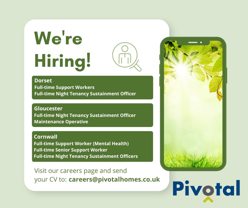 We're Hiring! Pivotal is an inclusive employer and we welcome applications from anyone wanting a rewarding career with purpose. #DorsetJobs #GloucestershireJobs #gloucesterjobs #CornwallJobs #supportworkerjobs #RewardingCareer #MakeADifference