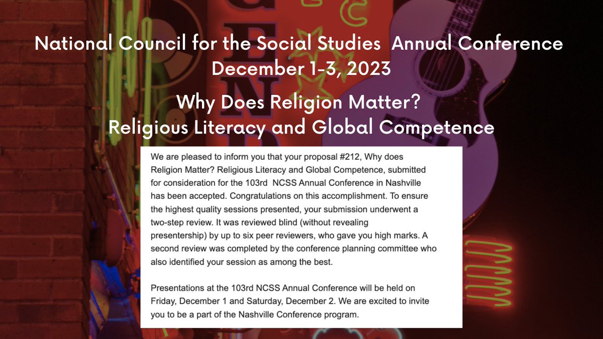 Thrilled to have my power session proposal, 'Why Does Religion Matter? Religious Literacy and Global Competence,' accepted to @NCSSNetwork
#NCSS2023! Nashville here we go! #religiousliteracy #sschat #religiousdiversity #globalcompetence
