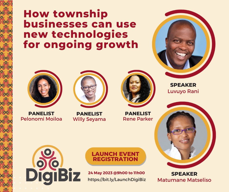 Join the DigiBiz Launch Event!
Discover how digital collaboration &amp; new tech drive small business growth. #DigiBiz #Digitalisation

<a href="/LuvuyoRani/">Luvuyo Rani</a> <a href="/Tumzazee/">Matumane Tshabalala</a> <a href="/BraWilly_Seyama/">Bra Willy Seyama</a> <a href="/tamati_biskit/">Pelonomi Moiloa</a> <a href="/ReneParker/">ReneParker</a>
<a href="/entplanning/">Planning Institute</a> <a href="/UWConline/">UWC</a> <a href="/C4Gsa/">Catalyst for Growth</a> <a href="/TheRISAFund/">TheRISAFund</a>

Info: bit.ly/LaunchDigiBiz