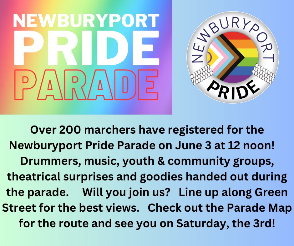 The first Newburyport Pride Parade is one week from Saturday!  Make plans to watch the parade (and maybe even join the parade) and line-up on Green Street by 11:45a on the 3rd for the best views!  newburyportpride.com/watching-the-p…
#nbptpride #newburyportpride @newburyportpride