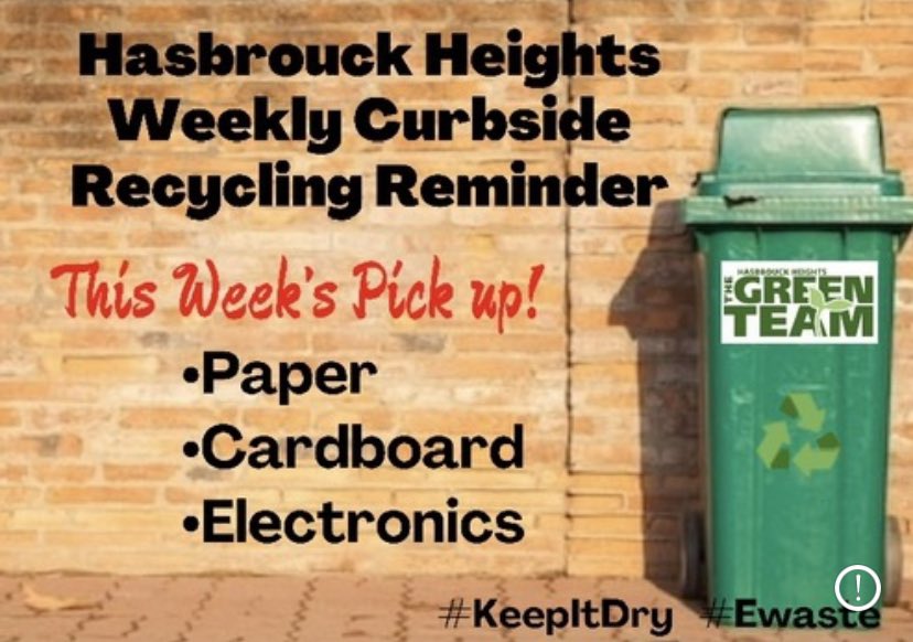 Don’t forget to put your curbside recycling out this evening for tomorrow’s pickup, 5/31.

♻️Remember to #KeepItDry

♻️Include your #ewaste!

#hasbrouckheights
#ResponsibleRecycling #ReduceReuseRecycle #RecycleRight #Sustainability #DoYourPart  #recycle  #HHRecycles