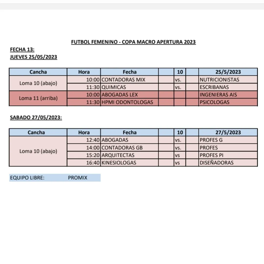 acdpus's tweet photo. ⚠️FIXTURE FÚTBOL FEMENINO⚠️
Fecha JUEVES 25 de MAYO. 
COPA APERTURA BANCO MACROⓂ️ 🇦🇷 
@acdpuslaloma #ACDPUS #LosProfesionalesDeLaLoma #SaltaArgentina 💪⚽️ https://t.co/lcpjz00pD5