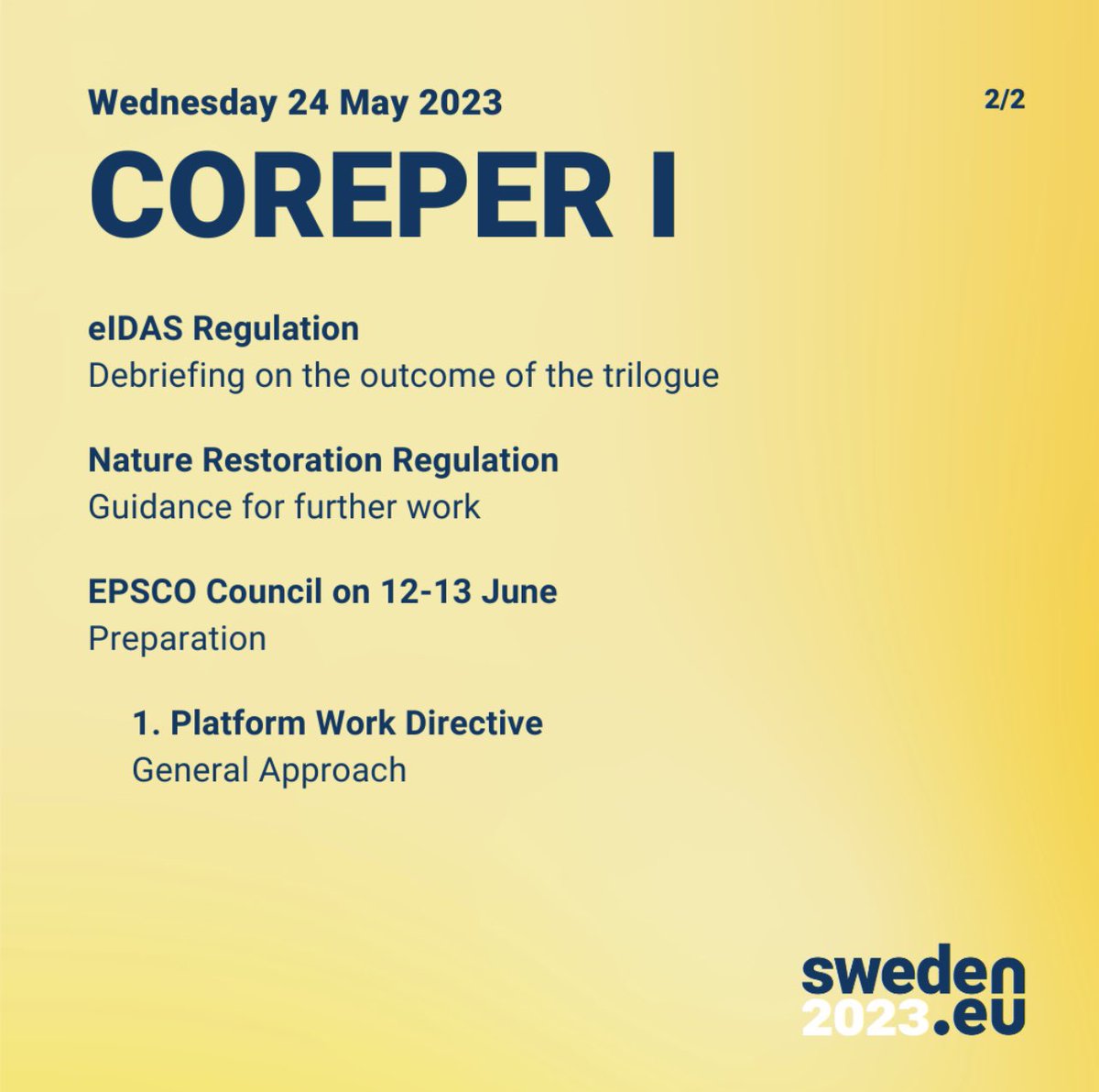 #COREPERI | 📆 This week’s Ambassadors meeting agenda. #EU2023SE