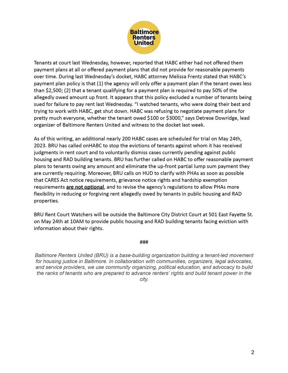 BRU Rent Court Watchers  were horrified this past Wednesday when almost 200 @bmorehabc eviction cases were crammed into the AM docket with as little as 24hrs notice to tenants. This is unacceptable - 🧵 Full Press Release at➡️ bit.ly/BRU_HABC