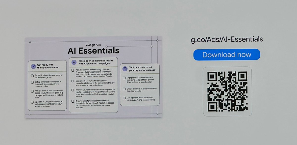 Less talk, more action. Get started with AI in marketing with the Google AI Essentials Checklist at g.co/Ads/AI-Essenti…

1. The right foundation 
2. Maximize AI-powered campaigns 
3. Set up your org for success

#gml #gml2023