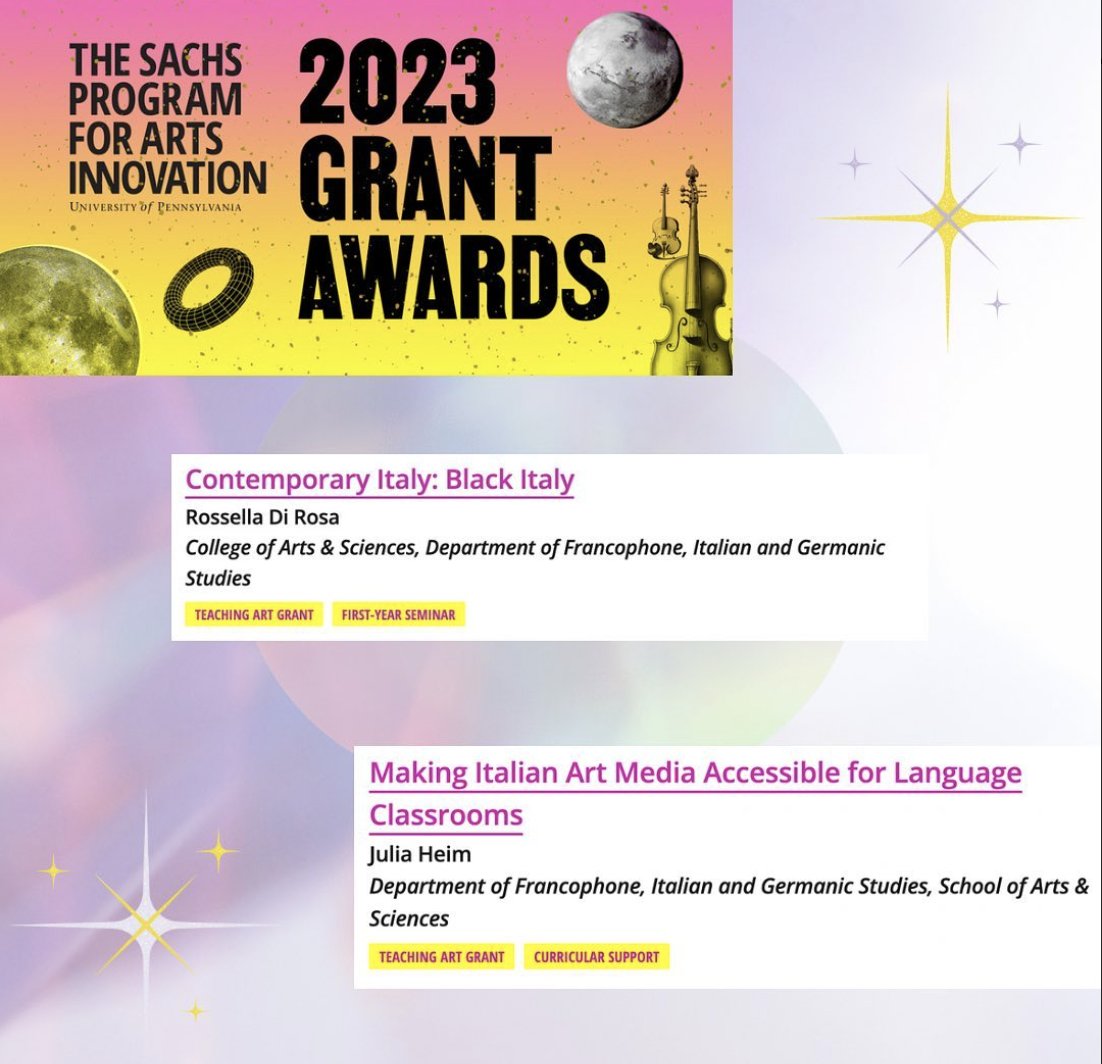 Congratulations to Prof. Rossella Di Rosa and Prof. Julia Heim on receiving the 2023 Sachs Program for Arts Innovation award!