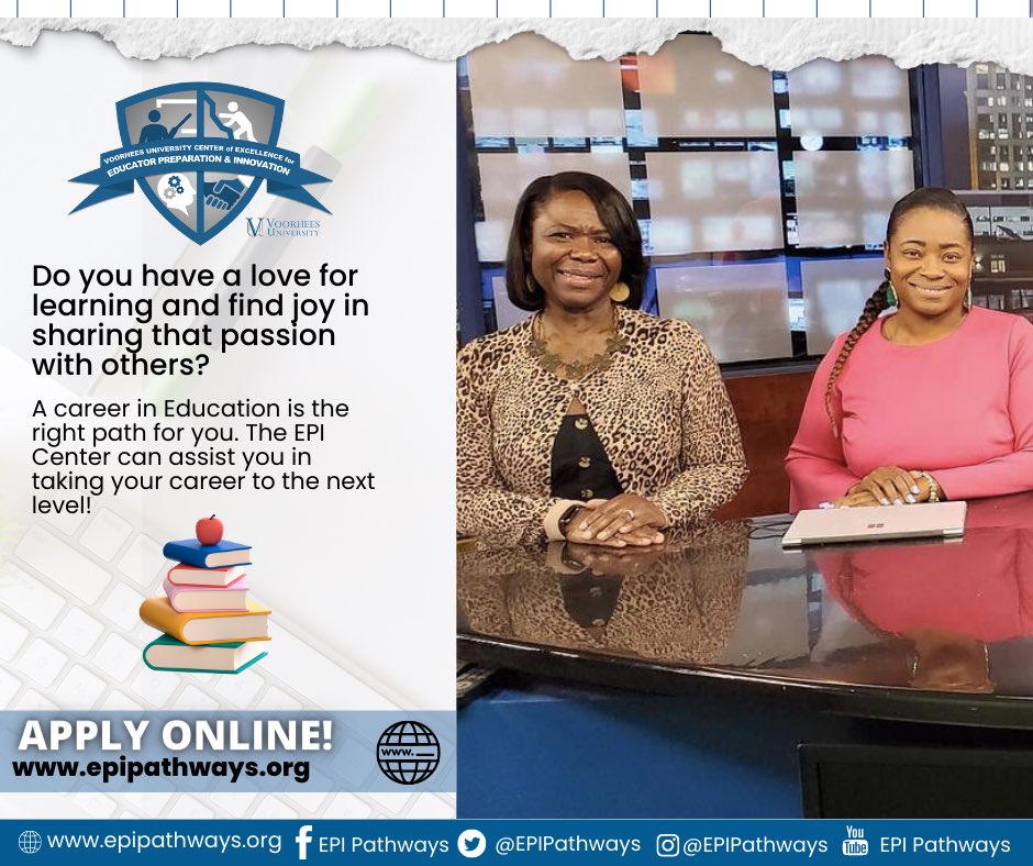 Do you have a love for learning and find joy in sharing that passion with others? 📝

A career in Education is the right path for you. @TheVoorheesU EPI Center can assist you in taking your career to the next level! 📐📌

Apply online at: epipathways.org! ⌨️
