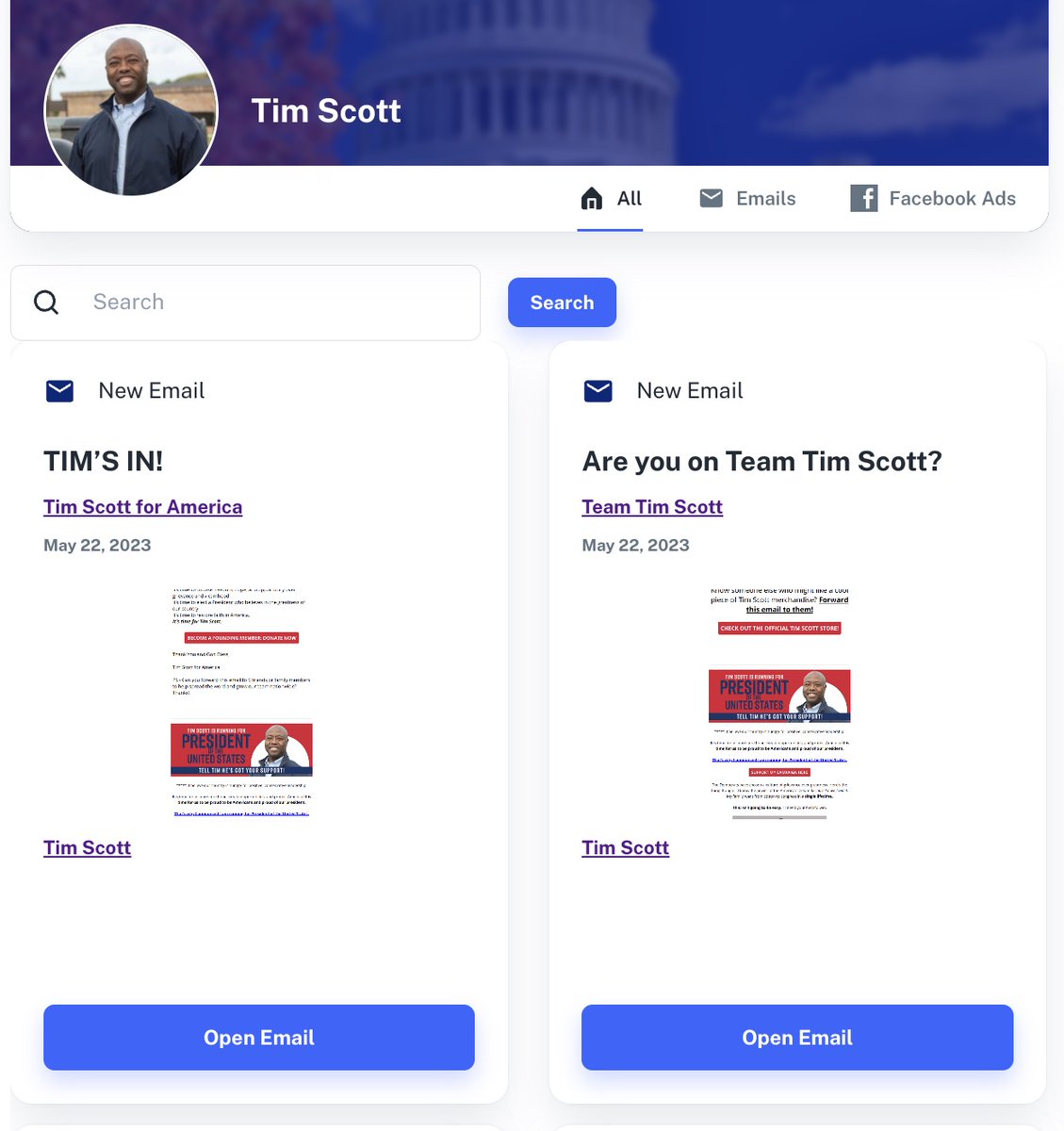 PunditAnalytics's tweet photo. On the day of his Presidential announcement, Sen. @votetimscott  launched 31 Facebook ads and sent 6 fundraising emails. Explore more Presidential content on Pundit Analytics #Election2024 #TimScott
https://t.co/TNujNHrjea https://t.co/4EDGvF5EBt