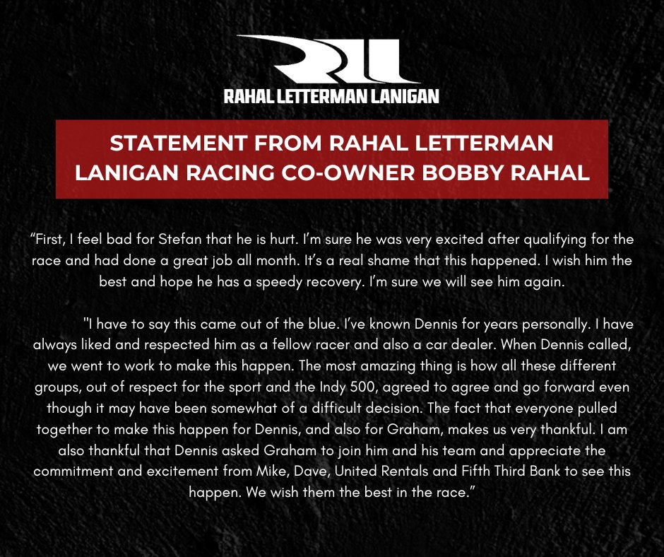 RLLracing's tweet photo. Statement from RLL co-owner Bobby Rahal about @GrahamRahal racing in the 2023 #INDY500 for @DreyerReinbold.

Our thoughts and best wishes are with you, @stef_wilson, and hope you have a quick recovery. https://t.co/idClqYXj34