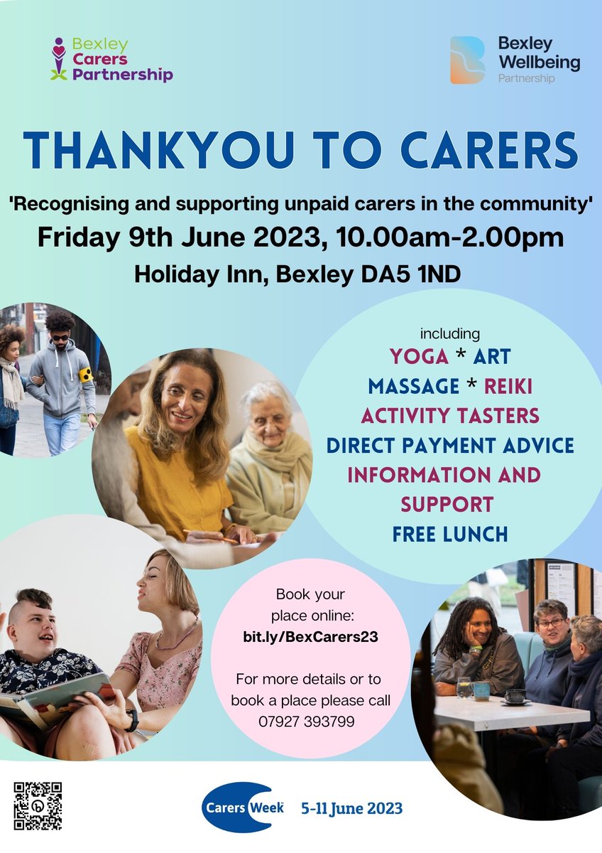Join us at our free Bexley carers event to say thank you to all our Carers
Holiday Inn Hotel, Bexley, DA5 1ND
Friday 9th June from 10:00 - 14:00
Please book your place online at: bit.ly/BexCarers23 or give us a call on: 07927393799