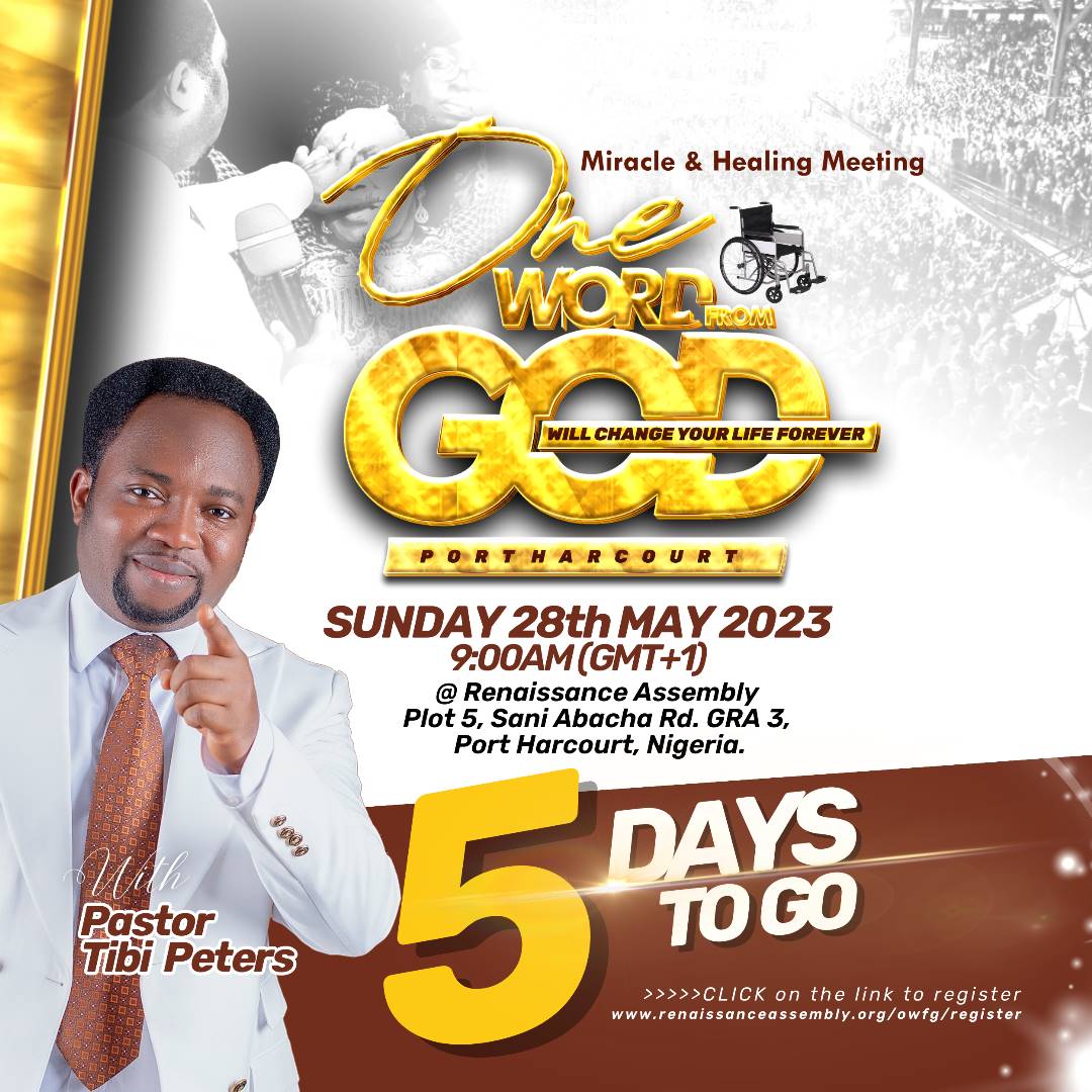 RenAssembly's tweet photo. YOUR CHANGE HAS COME!
It's 5 days to ONE WORD FROM GOD with the man of God Pastor Tibi Peters.
This Healing & Miracle meeting will change your life forever.
Time: 9:00am
Date: 28th May 2023
#OWFG
#OneWordFromGod
#PastorTibiPeters
#RenaissanceAssembly https://t.co/kdv6CAFT3B
