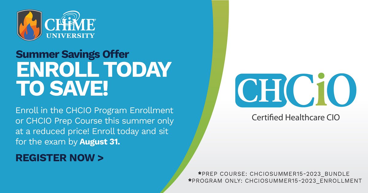 CHIMEUniversity's tweet photo. Ready to advance your digital health skills? Enroll in the CHCIO Program Enrollment or CHCIO Prep Course this summer only at a reduced price. Enroll today and sit for the exam by August 21 and save 15% off enrollment! Register now! https://t.co/1T1xZwG2oz

#GetCertified #CHCIO https://t.co/fDJxhYXAUL