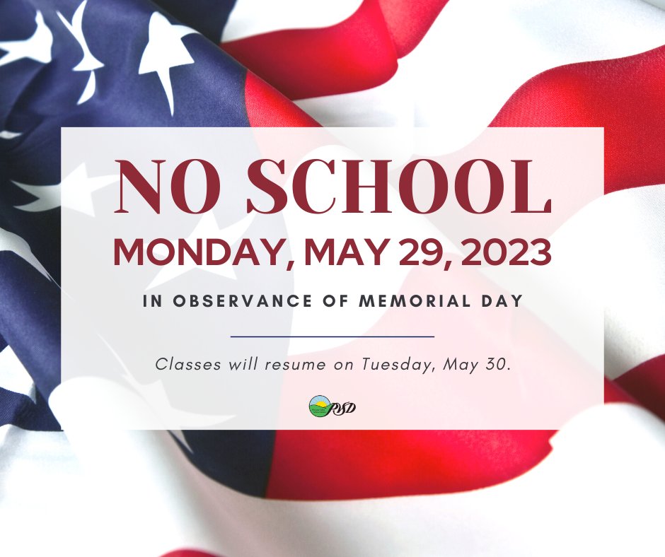 PVSDCamarillo's tweet photo. No School - Memorial Day, May 29th
Reminder - There will be no school on Monday, May 29th in observance of Memorial Day. We will welcome back students on Tuesday, May 30th.
#PVproud #Camarillo #PVSD https://t.co/wg0iD1in5C