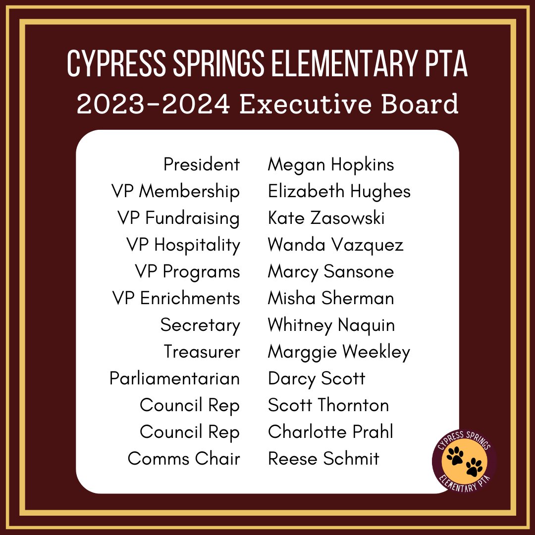 The 23/24 PTA Executive Board is now complete w/ the appointments of Parliamentarian, Council Reps and Comms Chair.

Congrats to Darcy Scott, Scott Thornton, Charlotte Prahl, and Reese Schmit!

The new Executive Board will transition into their new roles on 7/1.

#csespower