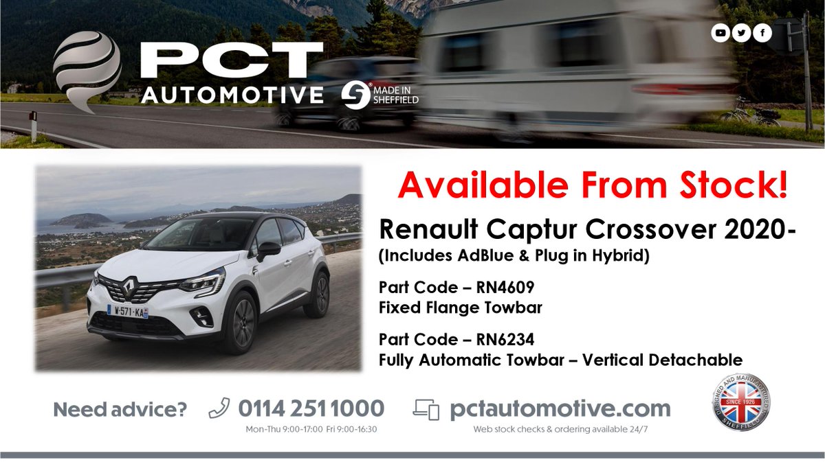 PCTAutomotive's tweet photo. New towbars have been designed, tested and approved for the latest Renault Captur!

These are now in stock at PCT Automotive and can be shipped for next day delivery📦

#PCTAutomotive #Towbars #Renault #SteelCity #MadeinSheffield https://t.co/rv4PIn3XDX
