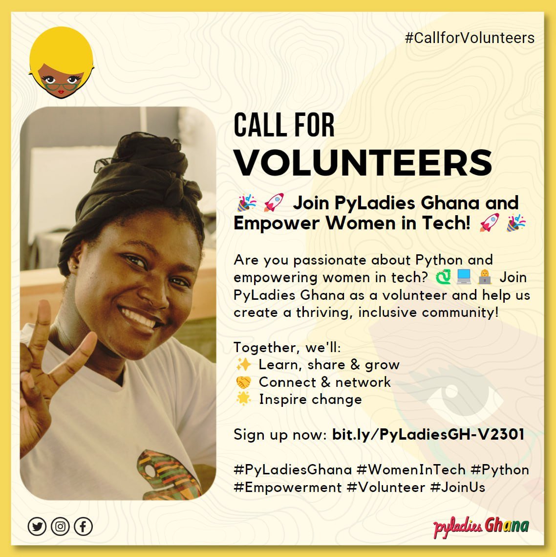 MesrenyameDogbe's tweet photo. If you are a woman in Ghana, interested in contributing to Open Source, consider joining and volunteering for @PyLadiesGhana.  

PyLadies Ghana is a mentorship group with a focus on helping more women become active participants and leaders in the Python Open Source Community. https://t.co/rQbeGrkqx3