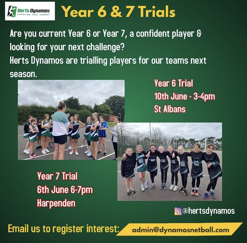 DynamosHerts's tweet image. Still time to book onto our Year 7 trials on 7th June! 👇 Don’t miss out 😎 @HbyNetball @STAHSPE @BerkoSport @SandringhamPE @Roundwood_Park @RPSPE @BWPSport @netballeast @NetballinHerts