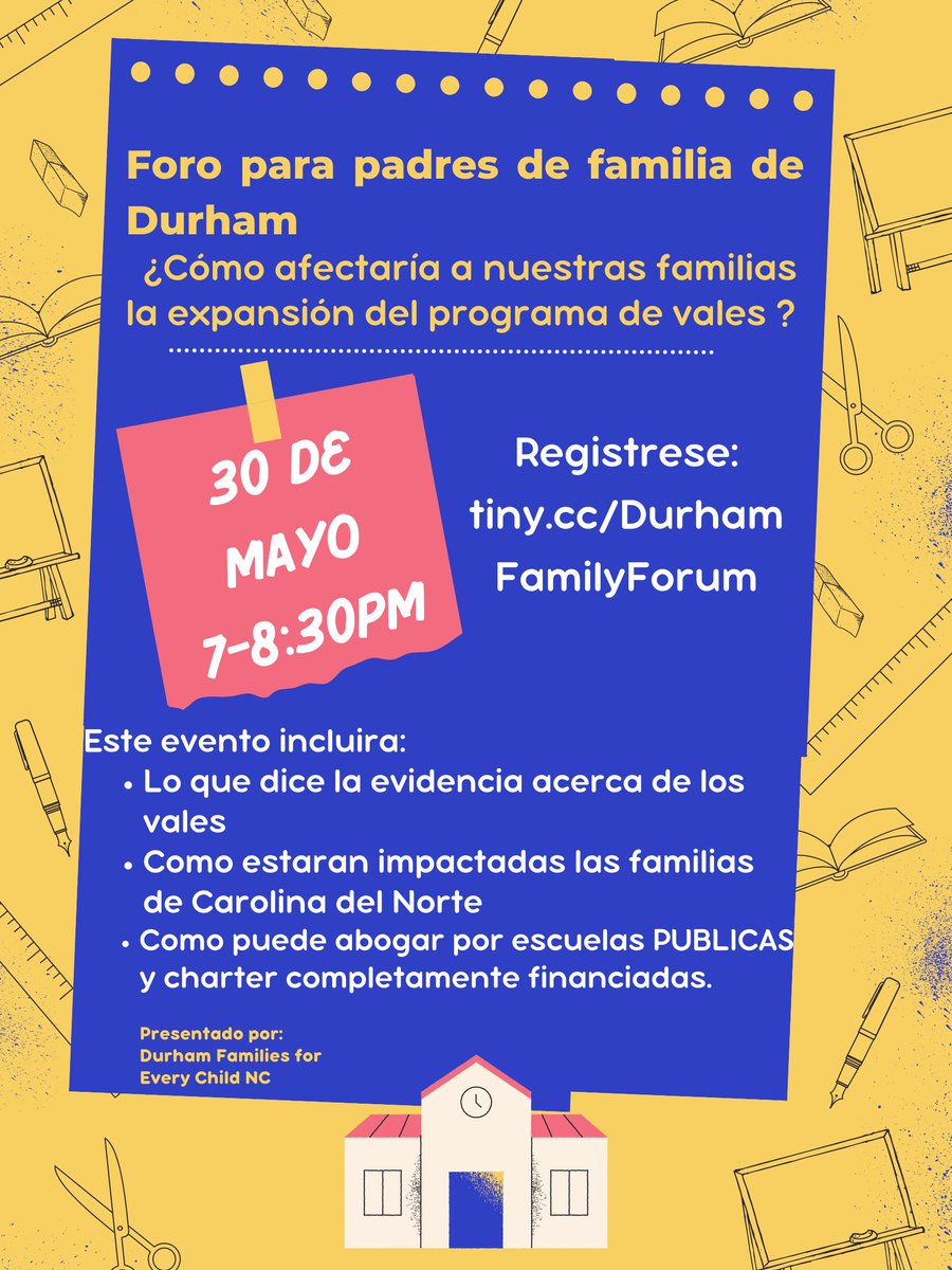 bribrough's tweet photo. Information is power. Join Durham Families for Every Child NC on Tuesday, May 30 to learn what this voucher scheme would actually do and how you can advocate for strong public schools that serve everyone. https://t.co/Yl3P7Q4nVD
#Durhamnc #nced https://t.co/9hZ8tgOrVk