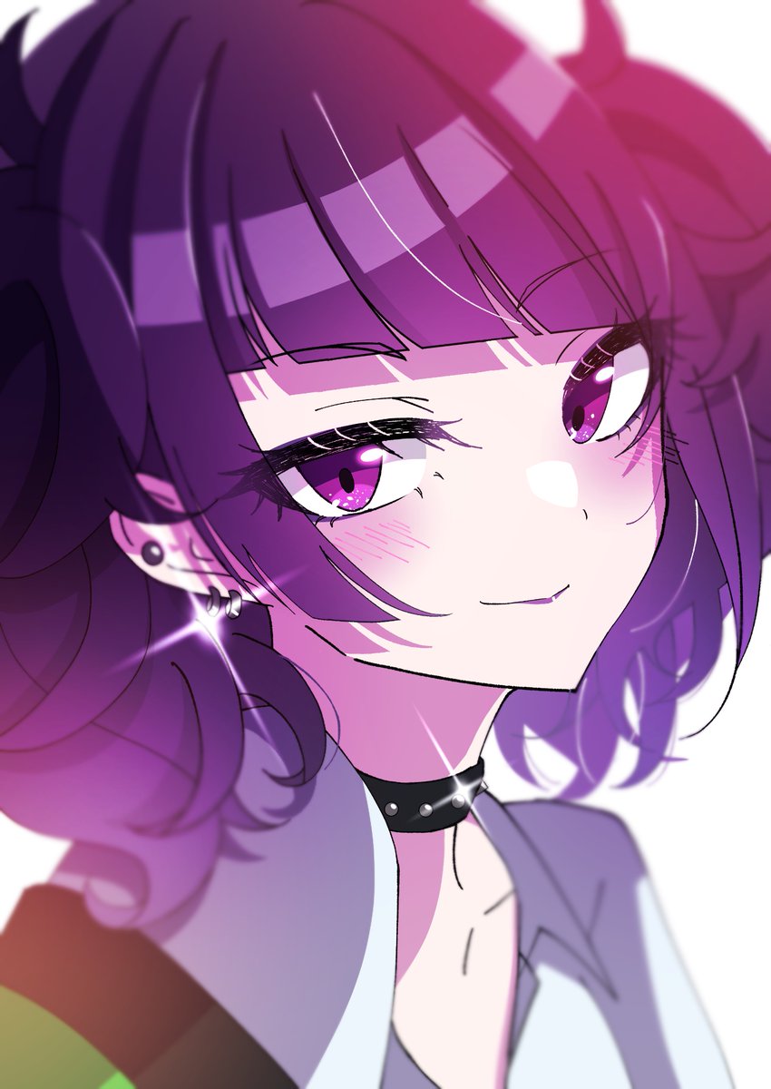 tanaka mamimi 1girl purple hair diagonal bangs solo purple eyes choker earrings  illustration images