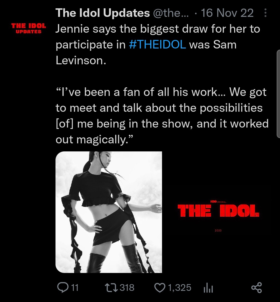 #TheIdol is getting the backlash it deserves for being just misogynistic porn and blinks are like 'At least Jennie ate and got more recognition'. She's a Sam Levinson fan who agreed to star in this problematic series and promote it to her young fans. SHE'S ALSO A PROBLEM