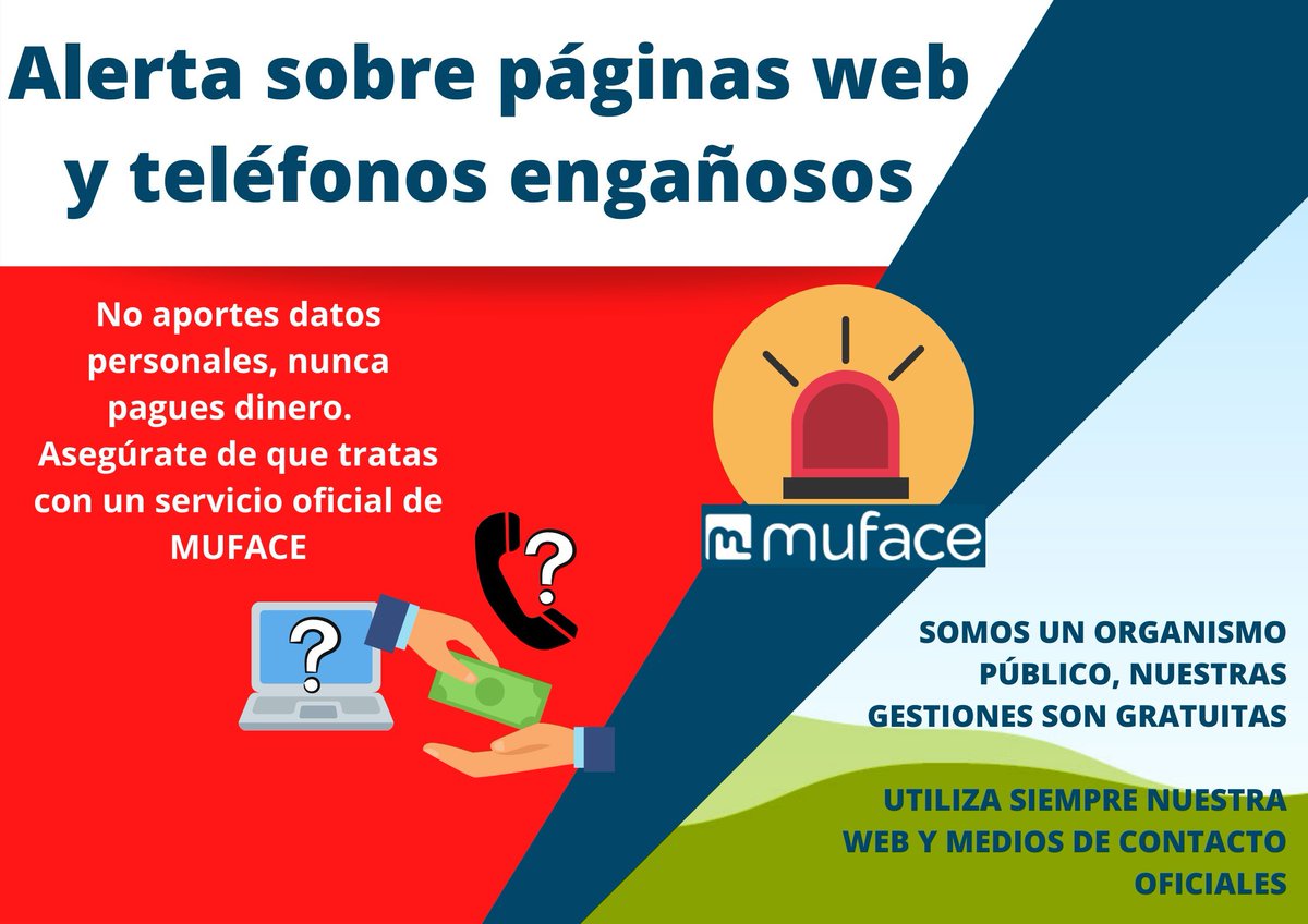 ATENCIÓN, MUTUALISTAS
📞Usad nuestros teléfonos oficiales, con prefijo provincial 
💻📱Solicitad la TSE por sede, App o en oficina. Nuestros trámites son gratuitos

☣️Ciudado con usar "falsos Muface"
😕Te puede costar 💰 y disgustos

muface.es/muface_Home/at…