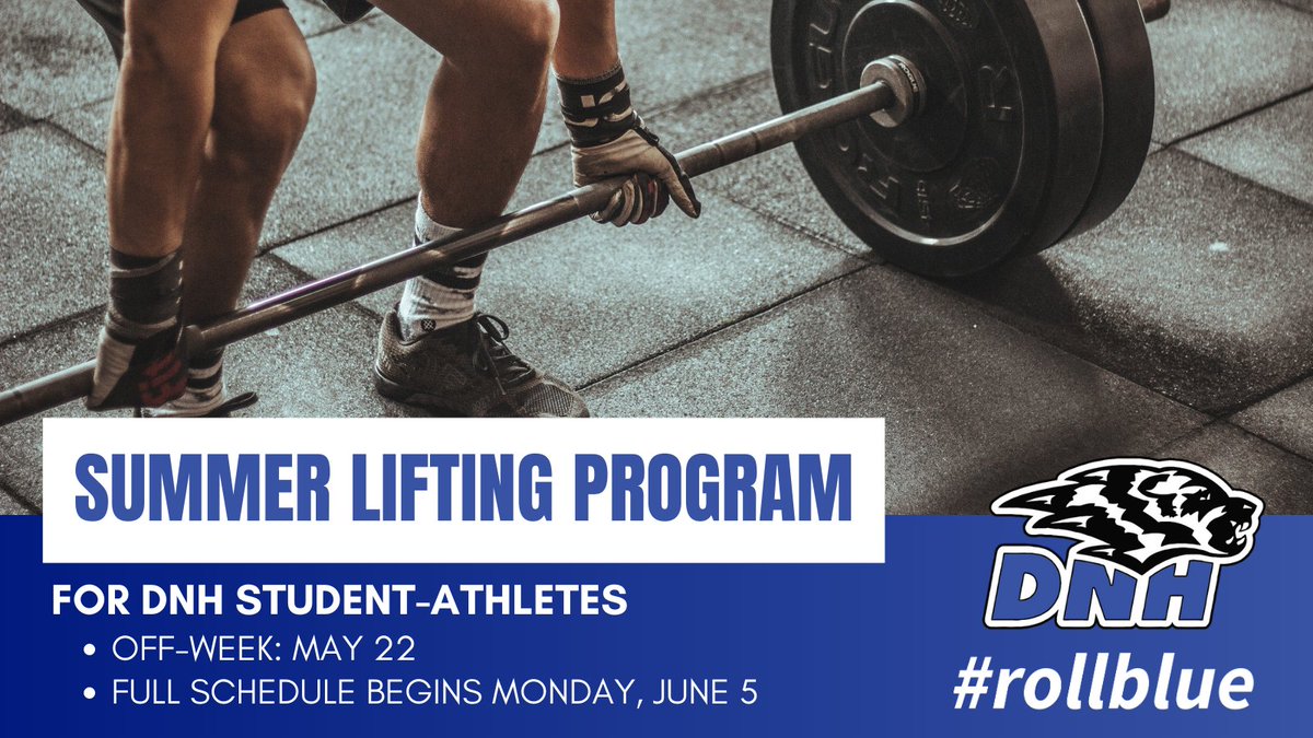 This summer, DNH is offering a Summer Lifting Program for student-athletes entering grades 7-12!! 🏋️‍♂️
The full schedule begins June 5:
*HS Boys: M/W/Th @ 5am & 6am
*HS Girls: T/F @ 6am & 8am & Th @ 8am
*JH Boys: M/W @ 7am
*JH Girls: T/F @ 7am
*Make-up sessions: T/F @ 5am
#rollblue