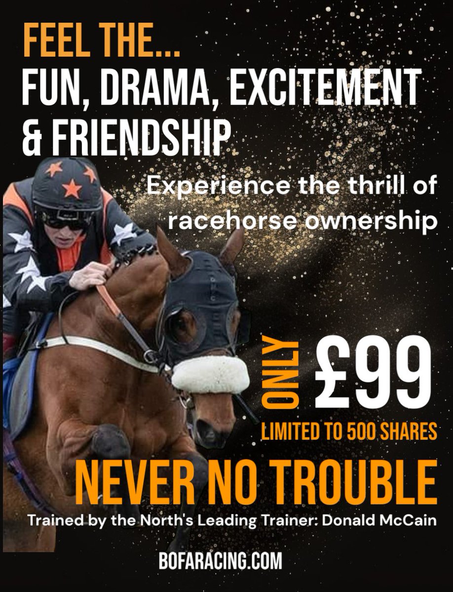 breathoffreshairracing (@bofaracingclub) on Twitter photo Attention all <a href="/donaldmccain/">Donald McCain Racing</a> fans.
Why not make the step into racehorse ownership?
Join one of the UK's best syndicates for £99 for rest of this syndicate period with nothing more to pay (renewal: April '24)
Go to bofaracing.com to begin your journey into ownership Attention all <a href="/donaldmccain/">Donald McCain Racing</a> fans.
Why not make the step into racehorse ownership?
Join one of the UK's best syndicates for £99 for rest of this syndicate period with nothing more to pay (renewal: April '24)
Go to bofaracing.com to begin your journey into ownership