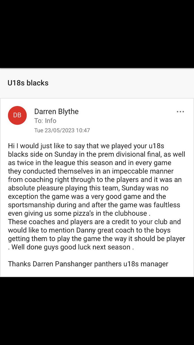 cheshuntblacks's tweet photo. Nice email sent to the club regarding my u18’s , yes we lost the cup final but emails like this from fellow coaches are always nice @cheshuntfcscore @CheshuntUltras  
Will be looking to add players to our u18’s  23/24 season ,so if you want to be part of a good group get in touch https://t.co/1AbiQH5qUy