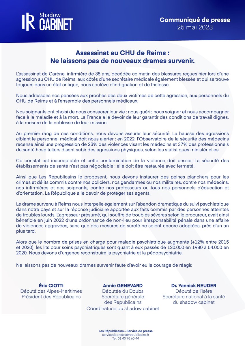 « Assassinat au CHU de Reims : ne laissons pas de nouveaux drames survenir. »

Retrouvez le communiqué du pôle santé du shadow cabinet des Républicains ⤵️