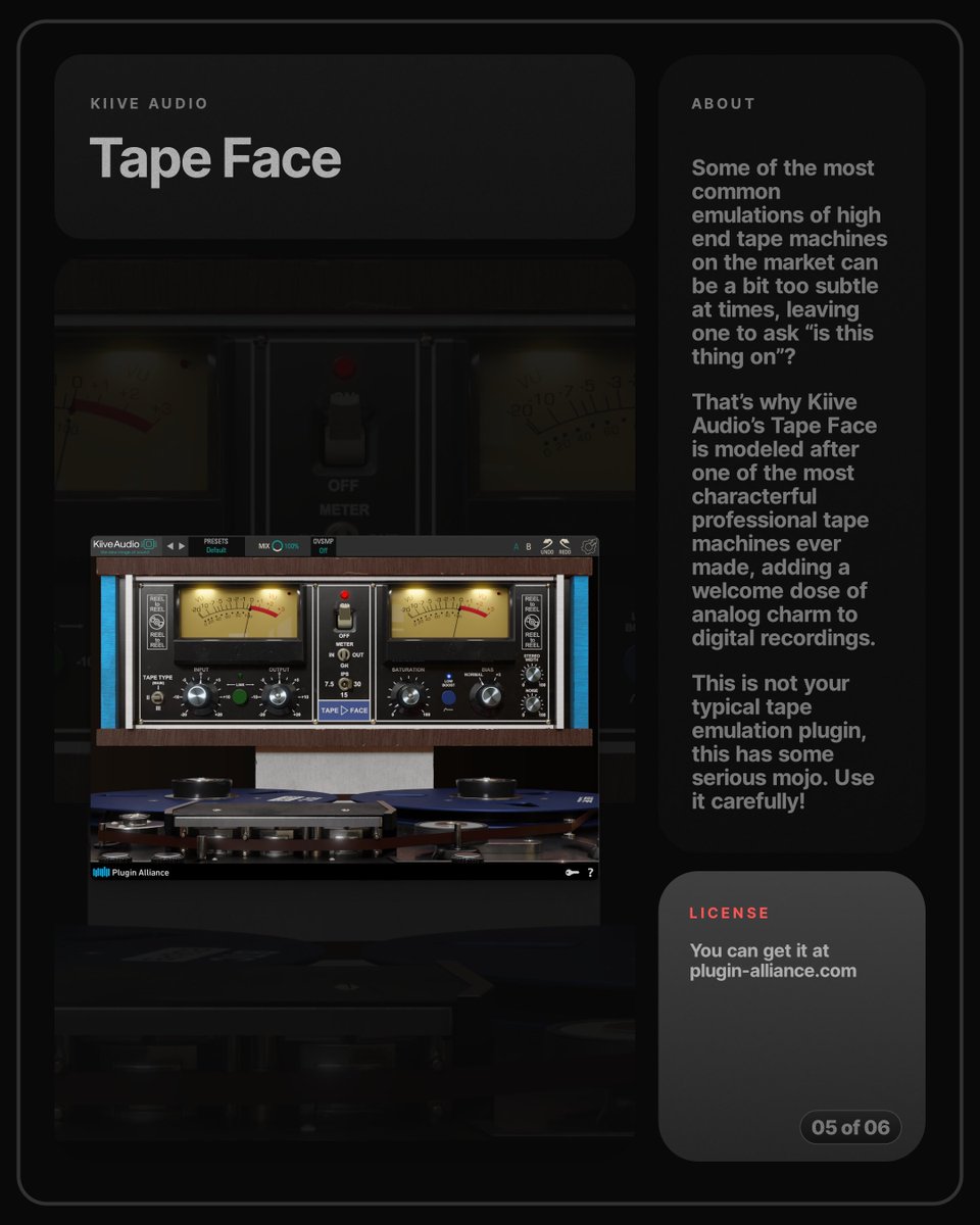 Here are my Top 4 tape emulation plugins:⁣

🔸 @SteinbergMedia - Magneto II

🔸 @SlateDigital - Virtual Tape Machines

🔸 @SoftubeStudios - Tape

🔸 KiiveAudio - Tape Face

Enjoy! And Happy mixing!⁣
⁣
#tape #mixing #musicproduction