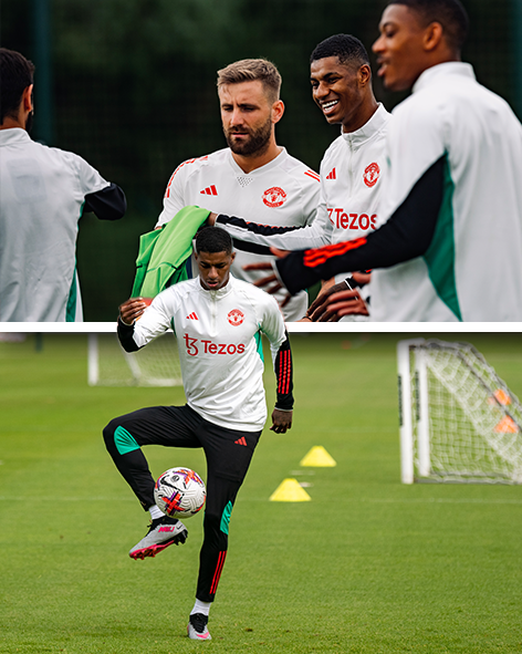 A split image of Marcus Rashford in training. The lower half is Marcus controlling the ball, with the top half showing Marcus smiling with Anthony Martial and Luke Shaw by his side.