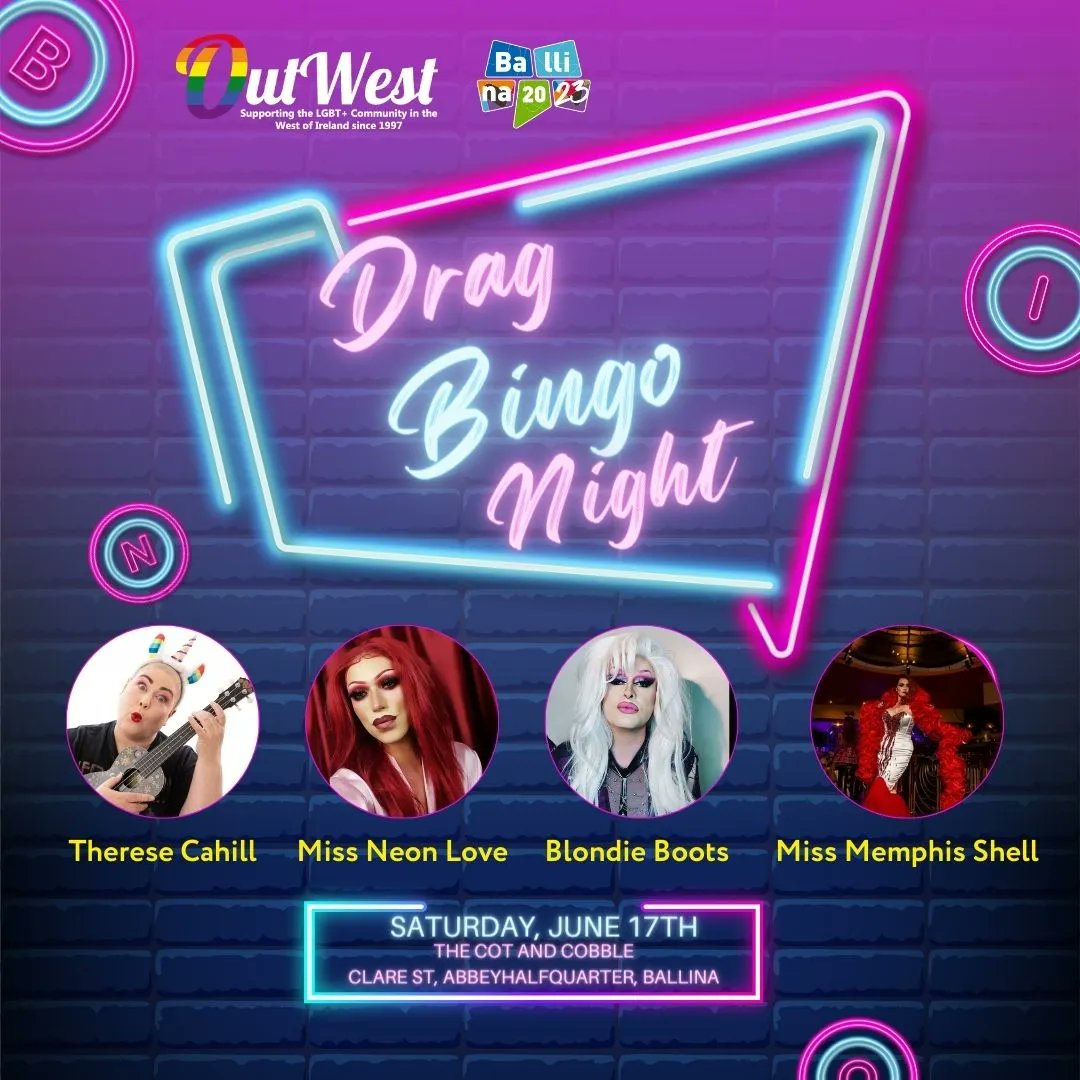 Experience an unforgettable evening of glitter, laughter, and fabulous entertainment at OutWest's Drag Bingo Night! 🌈✨Get you tickets here: buff.ly/3WvIt4t. Please note that this event is exclusively for those aged 18 and above.🔞#DragBingo #DragShow #LGBTQ #Ballina2023