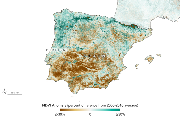 This map indicates where vegetation on the Iberian Peninsula was less healthy than usual (brown) in spring 2023. NDVI de...