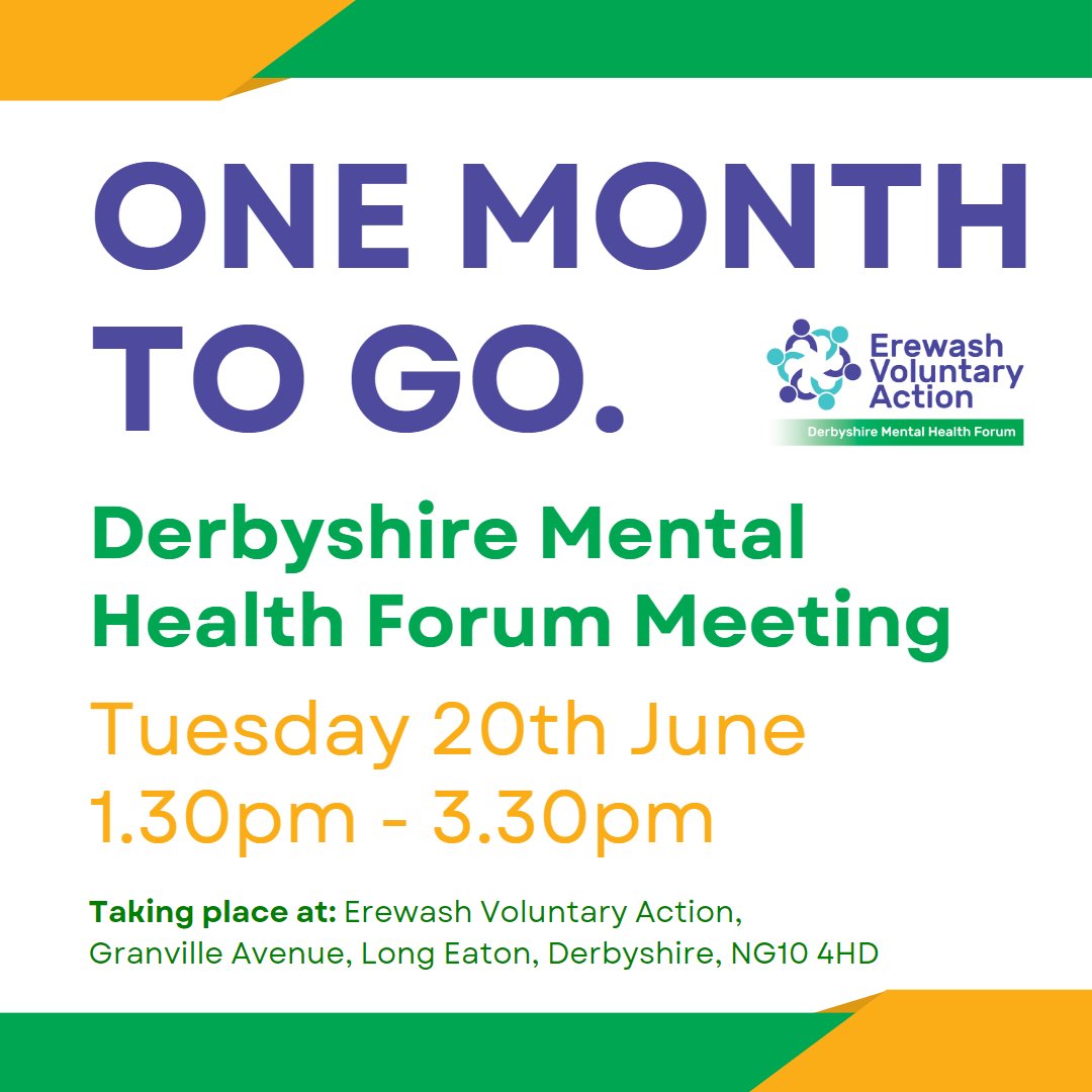 One Month To Go 🤗🤗🤗

⭐ Derbyshire Mental Health Forum Meeting ⭐ 

Book here 👉 bit.ly/DMHF0623

We hope to see you there 😊

#derbyshirementalhealth #mentalhealthcharity #mentalhealthorganisations