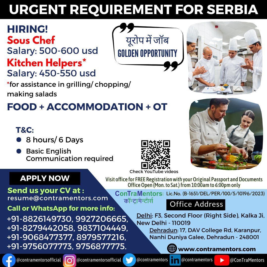 Urgent Requirement for #Serbia  (#Europe ) यूरोप में जॉब (golden opportunity) #HIRINGNOW   1. Sous Chef Salary: 500-600 usd 2. Kitchen Helpers* Salary: 450-550 usd FREE Food + Accommodation + OT  #twitterblades #twitterstorians #jobsineurope #europejobs #workvisa #TwitterDown