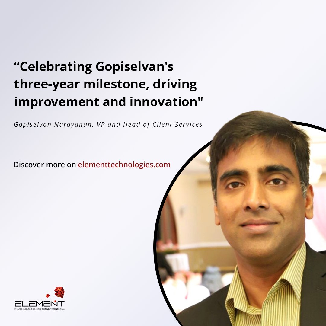 ElementTech_'s tweet photo. We celebrate Gopiselvan Narayanan's remarkable three-year milestone at Element. As our Vice President of Client Services, he has been an invaluable asset, driving organizational improvement through insightful leadership. #lifeatelement https://t.co/SJzMvZl79C https://t.co/ff2YcXEny9