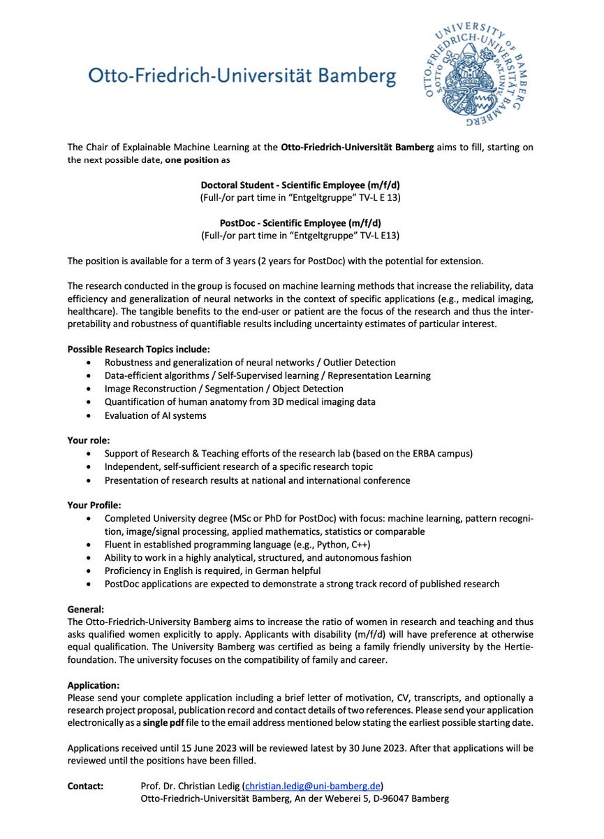 🚨Fully-funded PhD/PostDoc position in my group <a href="/uni_bamberg_of/">Universität Bamberg</a>. Opportunity to pursue impactful ML/CV research (e.g., robust DL in healthcare). Topic flexible. Details of position and how to apply below.

Please share/RT 🙏