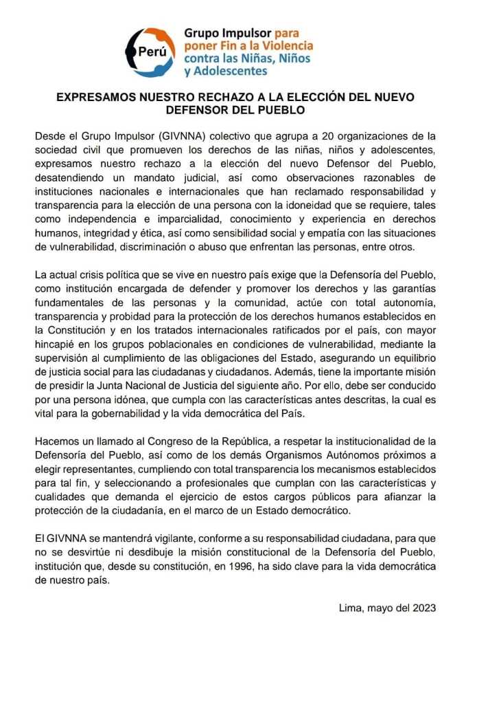 IprodesPeru's tweet photo. 📢El @GIFinViolencia  e #IPRODES expresan rechazo a la elección del nuevo Defensor del Pueblo: "La persona elegida para dirigir la @Defensoria_Peru debe ser intachable, y contar con los méritos y calidad personal que tan alta responsabilidad exige".
#DefensoríaParaTodos https://t.co/eiJ8hTA91C