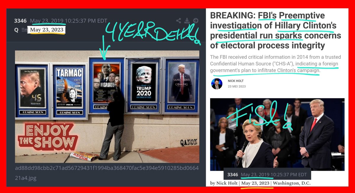 💥💥💥KABQQQQQM💥💥💥
🦅🇺🇸💥Happy 4YDELTA💥🇺🇸🦅
💥💥LIKE CLOCK WORK💥💥

##3346 5/23/2019 (4YDELTA)
#FISAGATE

ENJOY THE SHOW!

🚨BREAKING:
FBI's Preemptive investigation of Hillary Clinton's presidential run sparks concerns of electoral process integrity
-5/23/2023