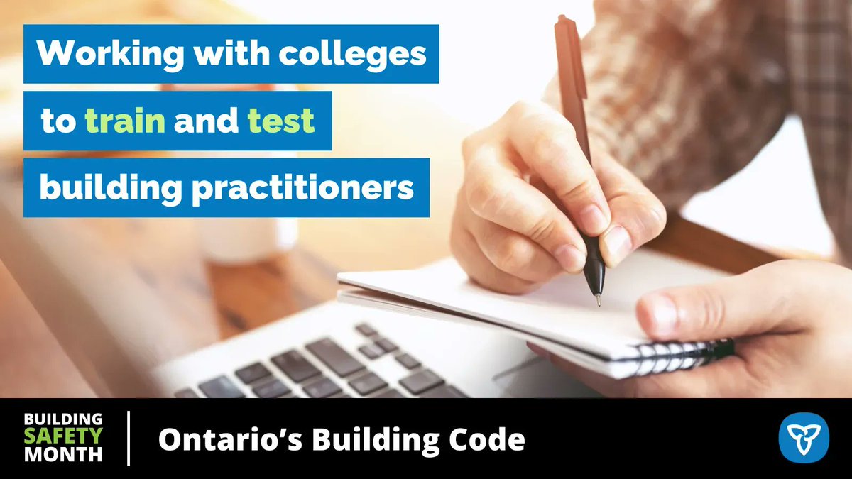ONmunicipal's tweet image. [1/2] 
Ontario works with @GBCollege and @HumberCollege to train and test building practitioners. Training programs are available through George Brown and their partners across Ontario, and Humber administers the exams. #BuildingCodeMatters #BuildingSafetyMonth