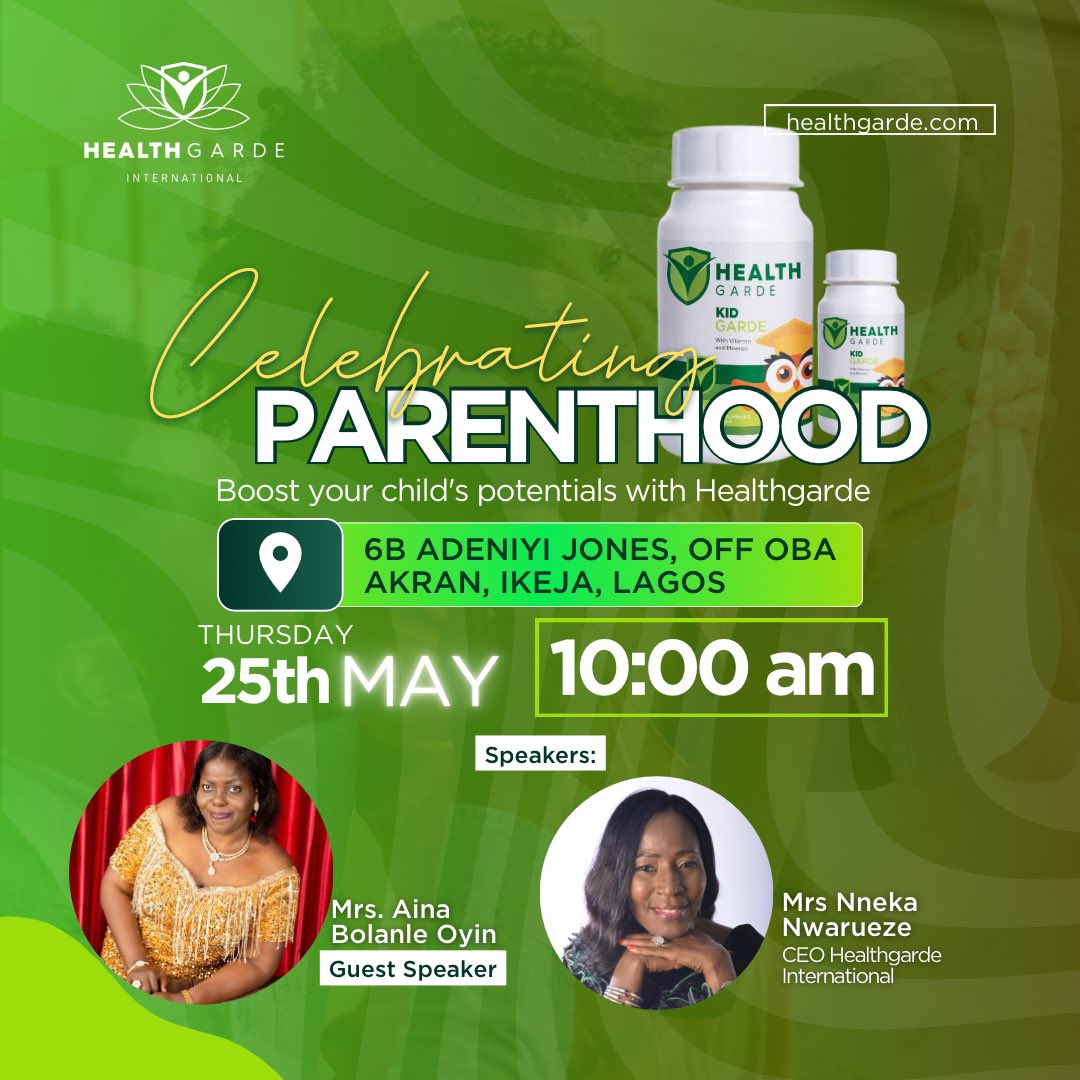 healthgarde's tweet photo. Join us this Thursday, May 25th, 2023, at 6b Adeniyi Jones, Ikeja, Lagos, as we celebrate Children's Day and honor parents worldwide!

We are excited to have Mrs. Aina Bolane Oyin as our guest speaker, sharing her insights on boosting your child's potentials with Healthgarde. https://t.co/uOUC6f0olV