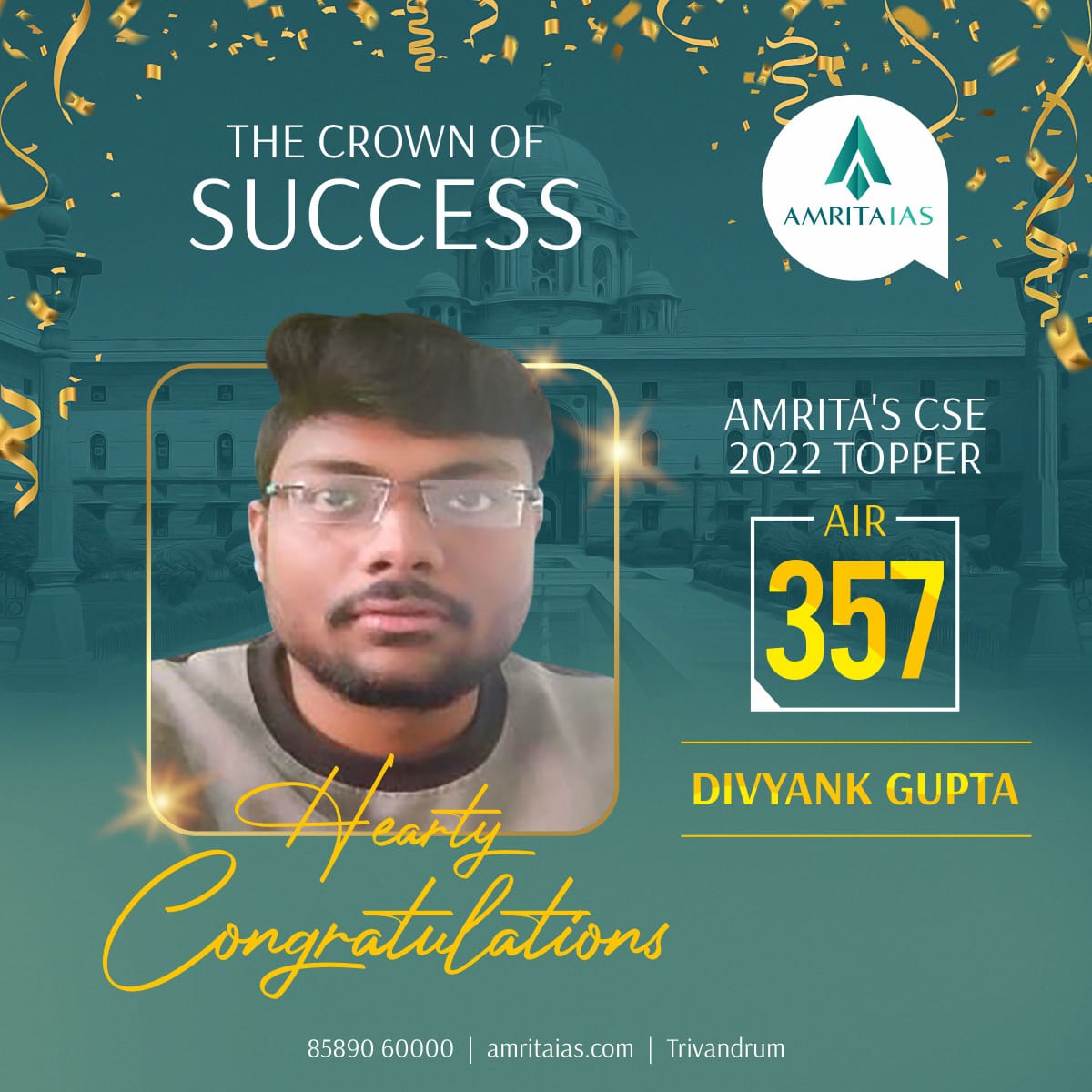 Congratulations to Divyank Gupta on securing AIR - 357 in UPSC CSE 2022. 

#upscexam #ias #ips #ifs #amritaias #amritaiasacademy #UPSC #upscexam #iasofficer #iasacademy #iascoachingacademy #civilservicesexams #bestiasacademy #pcm #iastoppers #onlinebatch #onlineiasbatch